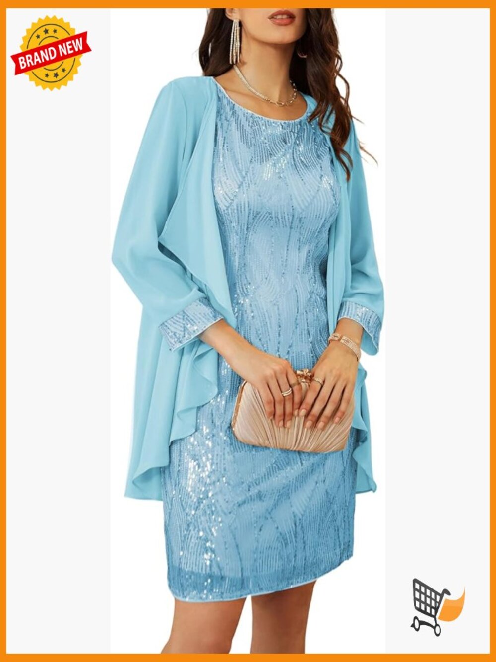 Sequined Two Piece Dress with Jacket Knee Length Wedding Guest
